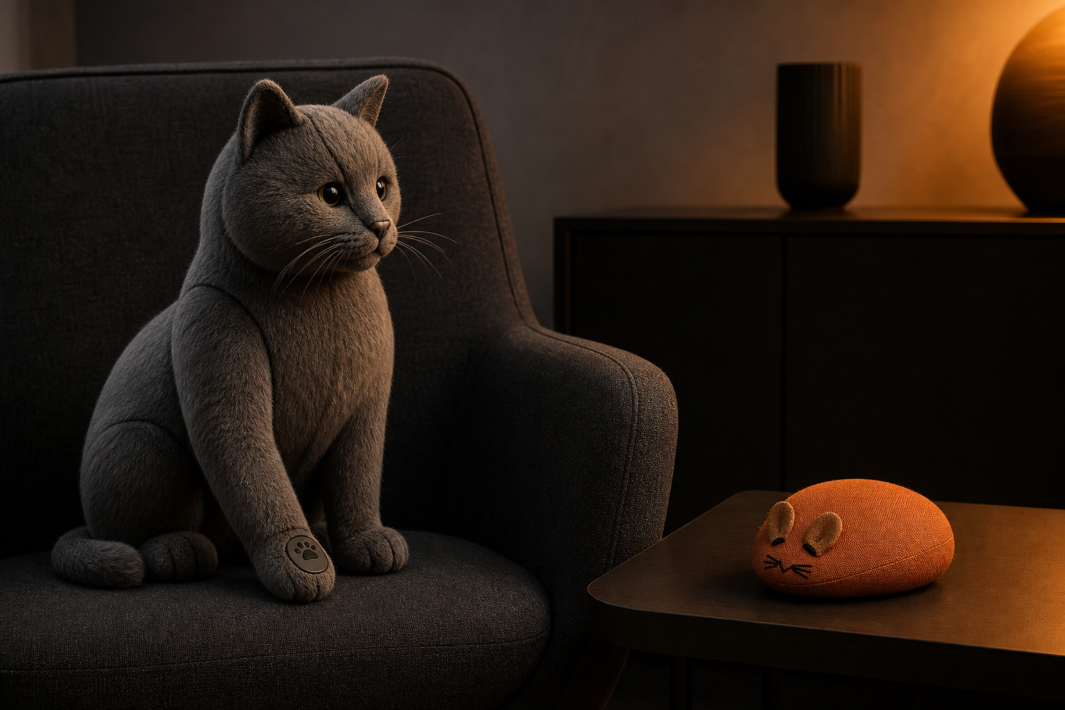 Lifelike robotic companion cat beside a rugged mouse-shaped toy for a real cat