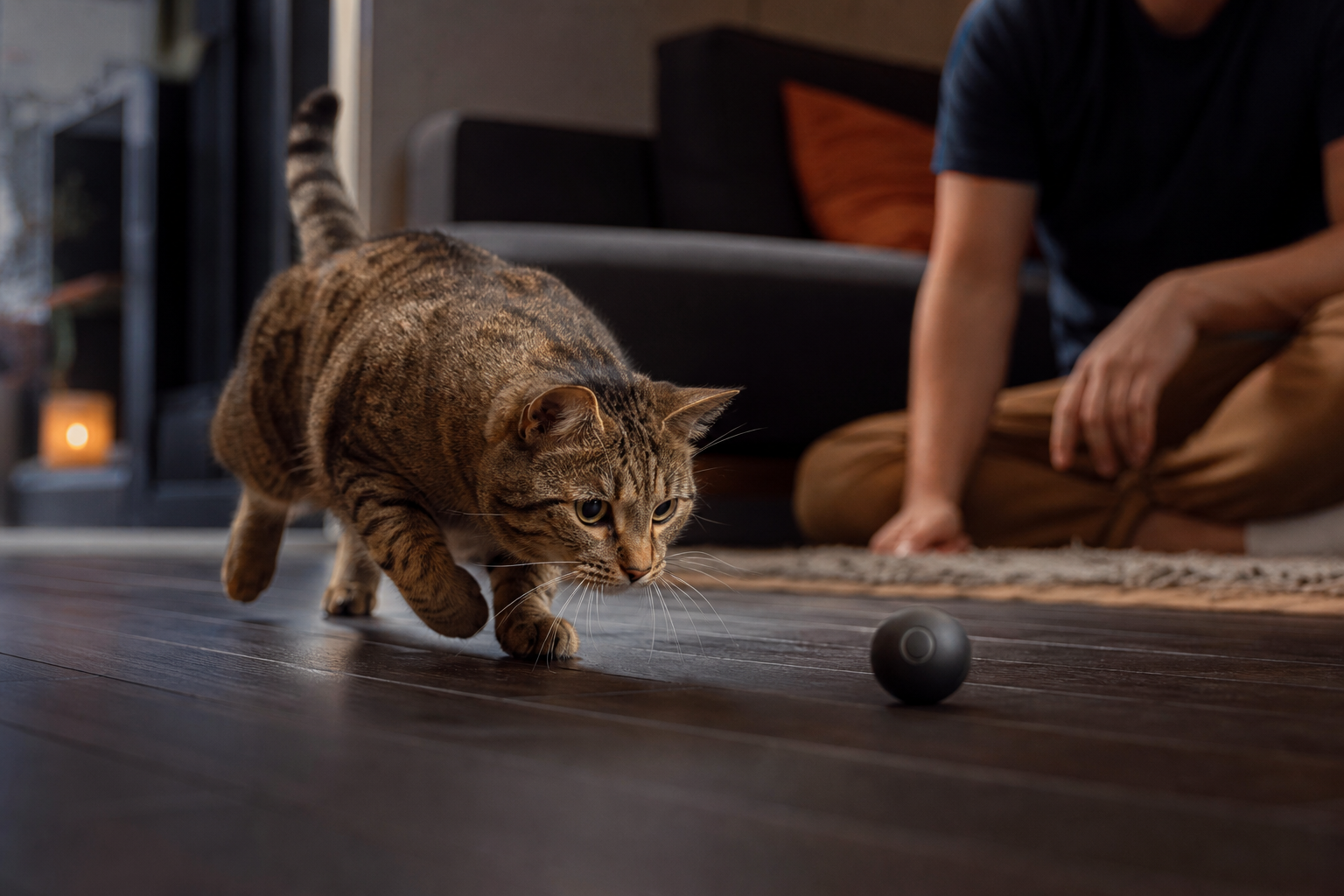 Tabby cat stalking a rechargeable rolling toy during supervised play