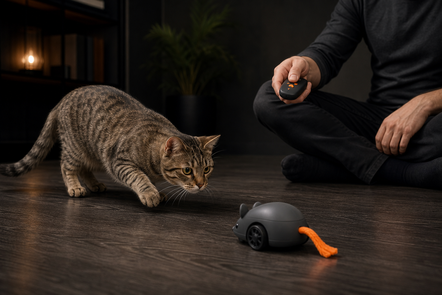 Tabby cat stalking a remote control mouse toy during supervised play