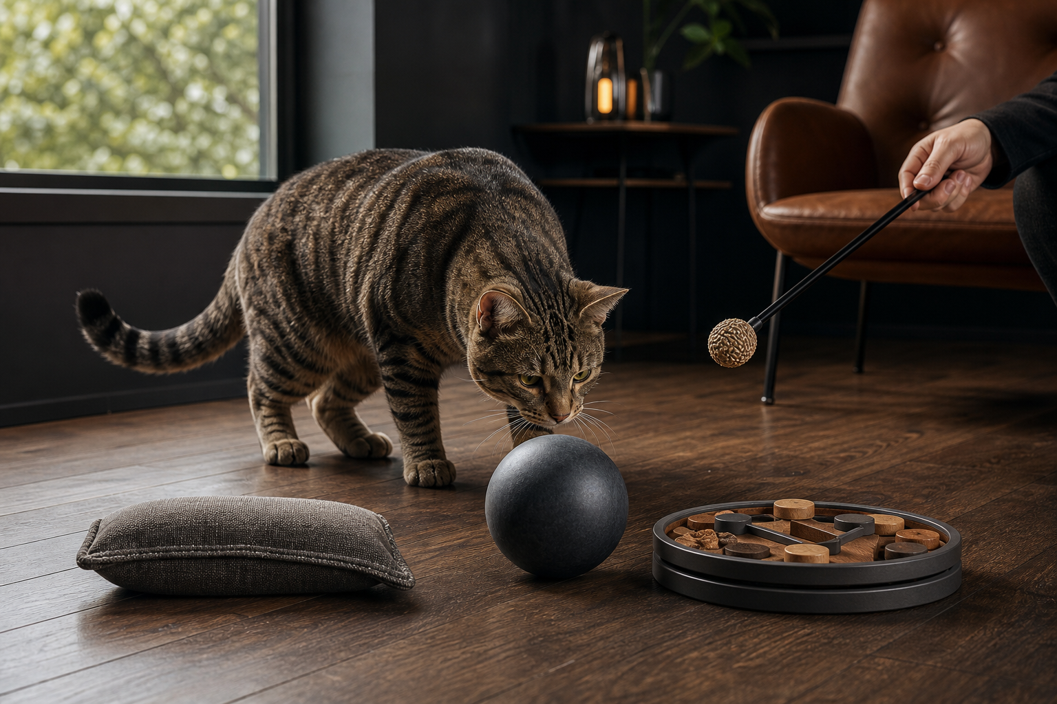 Alert tabby cat choosing between a kicker, ball, puzzle, and wand toy